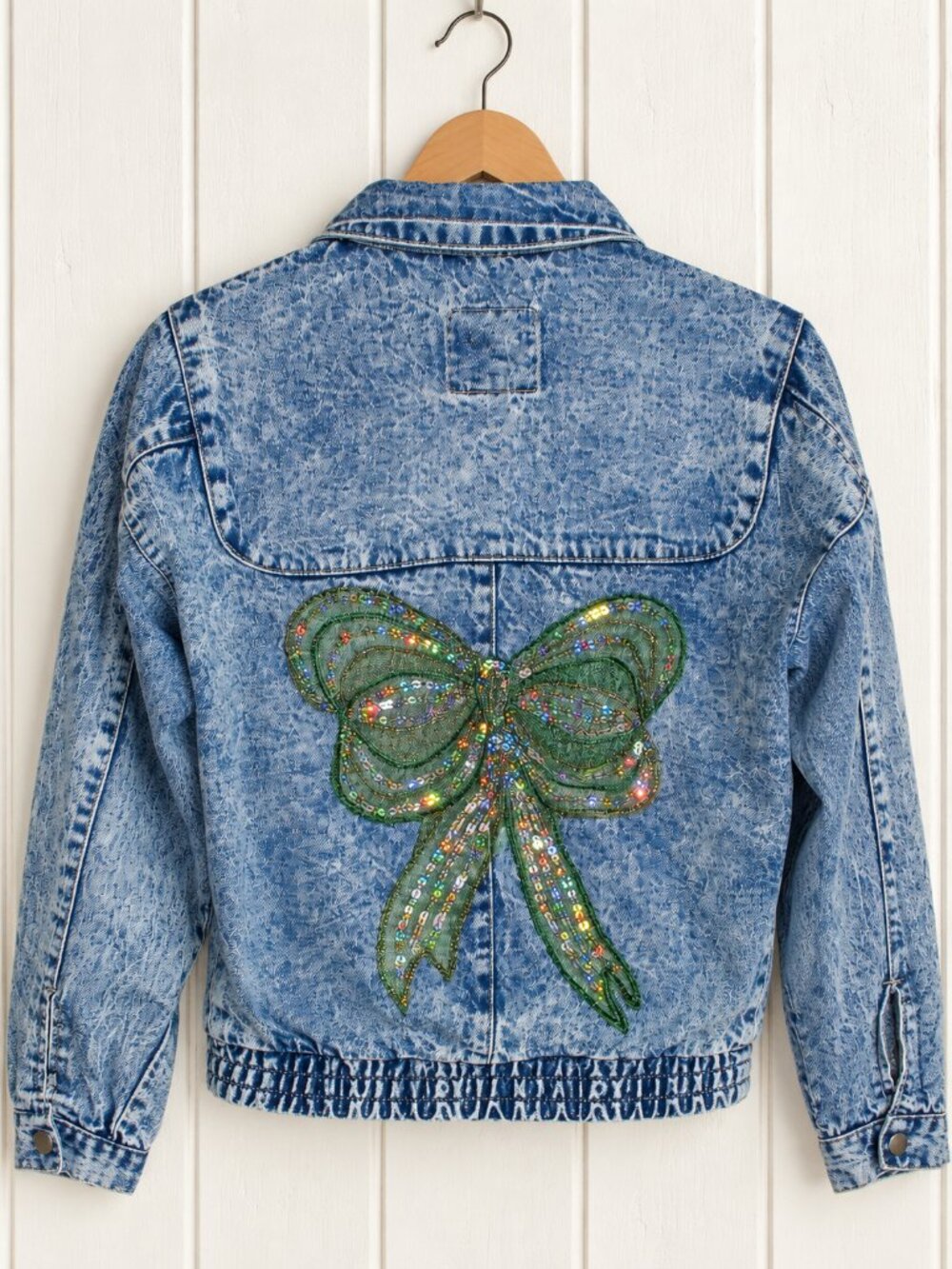 EZ Spirit Jean Jacket Womens Small Acid Wash Sequin Bow 1980s Vintage Glam